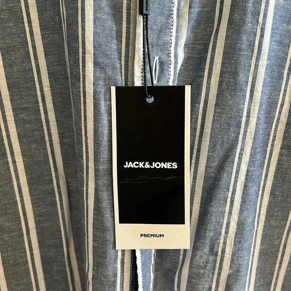 JACK & JONES SLIM FIT cotton linen  men shirt , striped vertically BLUE WHITE - Picture 5 of 10